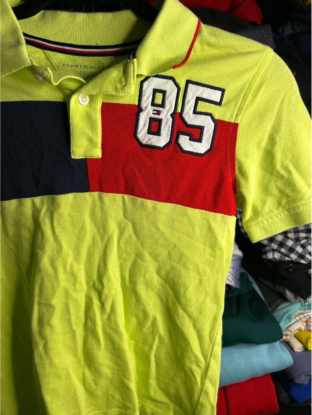 Tommy Hilfiger Polo Shirt Size M Lime Green with Color Block and 85 Patch